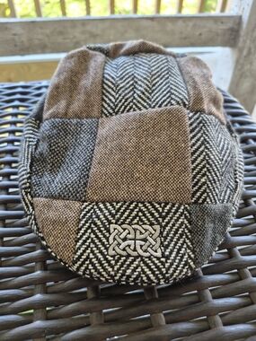 Vintage Patchwork Tweed Flat Cap with Embroidered Celtic Knot